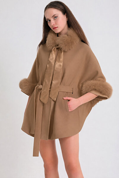 Leather Club Cashmere Cape Coat with Camel Fox Fur Accessories