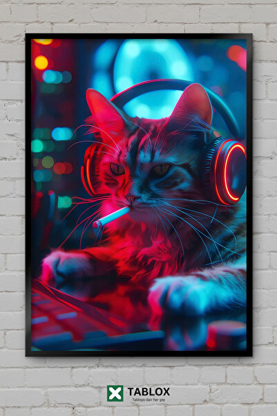 tablomaxtbx Cyberpunk Kitten Kitten Gamer Αφίσα για παίκτες παιχνιδιών με δια...
