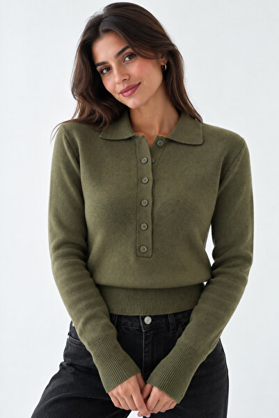 My Blog Khaki Polo Collar Buttoned Sweater - 261121