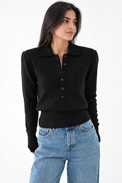 My Blog Black Polo Collar Buttoned Sweater - 261121