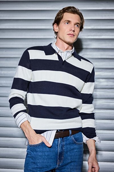 DeFacto Men's Polo Collar Striped Knitwear Sweater Navy Blue Ecru Long Sleeve...