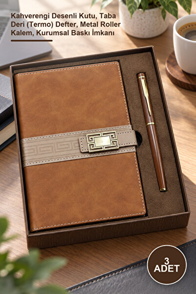 Yenilig 3-Piece Gift Notebook and Pen Set – Brown Patterned Box, Tan Leather ...