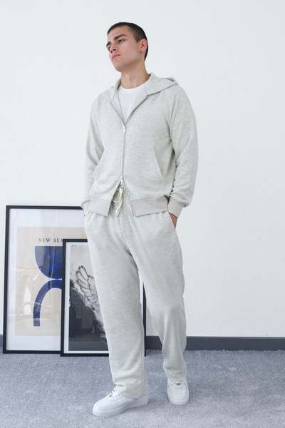 İLKCET MODA Çift Fermuarlı Gri Kapüşonlu Erkek Sweatshirt