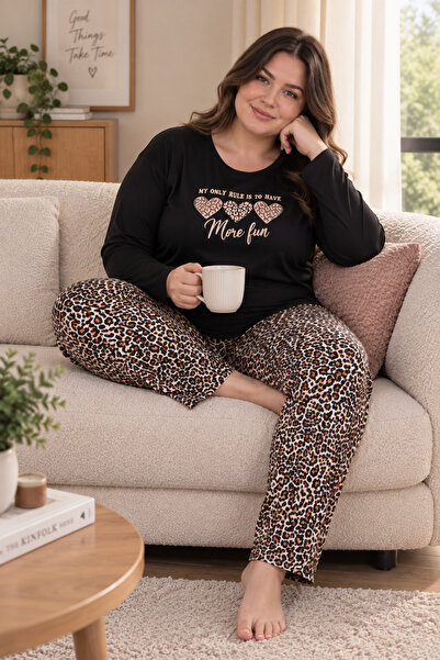 Vesperia Kadın Büyük Beden Leopar Desenli Uzun Kollu Pijama Takımı