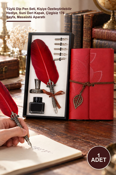 Yenilig 1 Ink-Filled Dip Pen and Leather Notebook – Feather Dip Pen Set, Pers...