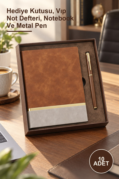 Yenilig 10 Adet Kutulu Taba Deri Desenli Altın Şeritli Defter Ve Kahverengi Metal Roller Kalem Seti – Hediye Kutusu, Vıp Not Defteri, Notebook Ve Metal Pen
