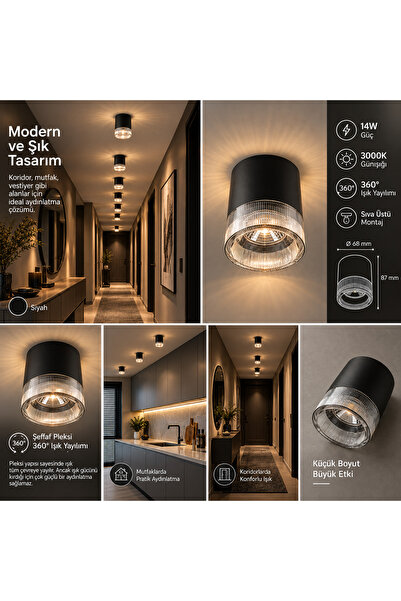 Sıva Üstü LED Spot 14W Günışığı Siyah Kasa Tavan Aydınlatma 360° Işık 1 Adet