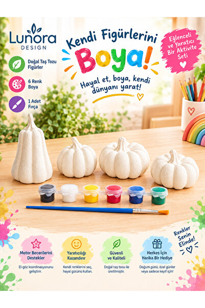 Lunora Design Taş Tozu Balkabağı Boyama Seti – 4 Adet Figür, 6 Renk Boya ve F...