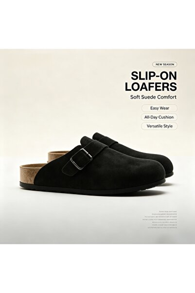 BIRKENSTOK Black strap suede clogs,slip-on closed-toe soft cork footbed slipp...