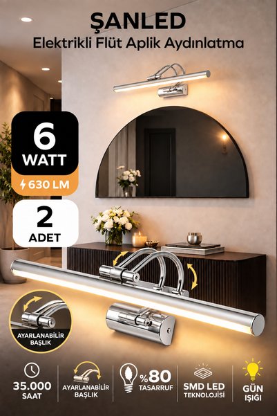 ŞANLED 6W Electric Flute Led Sconce Chrome Color Daylight Adjustable Head 2 Pcs