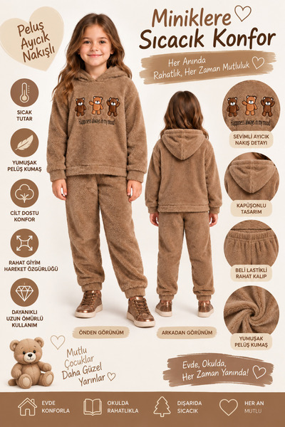 AHENGİM Girl's Plush Tracksuit Set with Hooded Teddy Bear Pattern, 2-Piece Warm Winter Set Ak4131