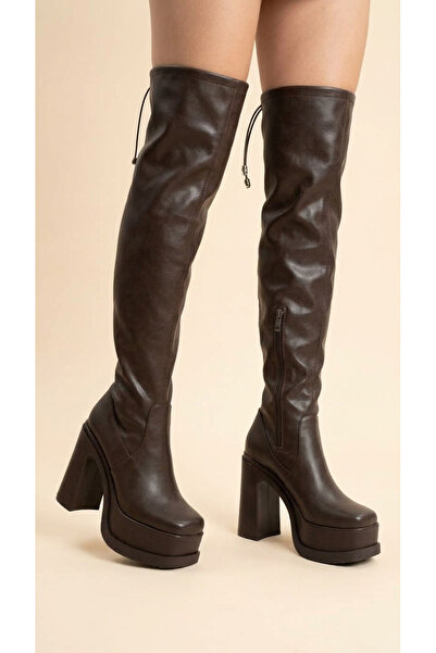 Moda Lime Women's Leather Look Platform Sole Thick Heeled Long Boots