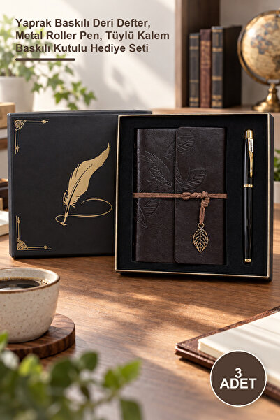 Yenilig 3-Piece Vip Boxed Leather Leaf Patterned Notebook and Metal Roller Pe...