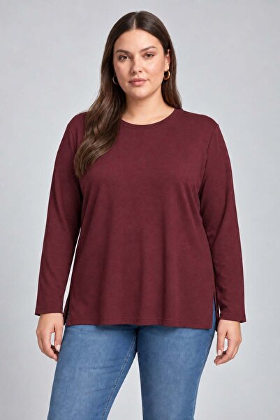 RMG Slit Detailed Crew Neck Women's Plus Size Knitted Knitwear Blouse Plum