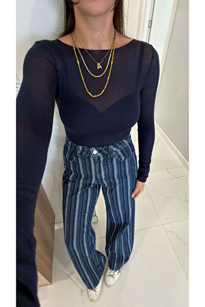 BİRCANÇİL Dlvin Tosse Navy Blue Boat Neck Cashmere Blouse
