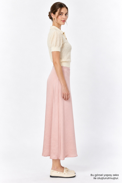 Exquise Satin Surface Midi Regular Skirt with Elastic Back