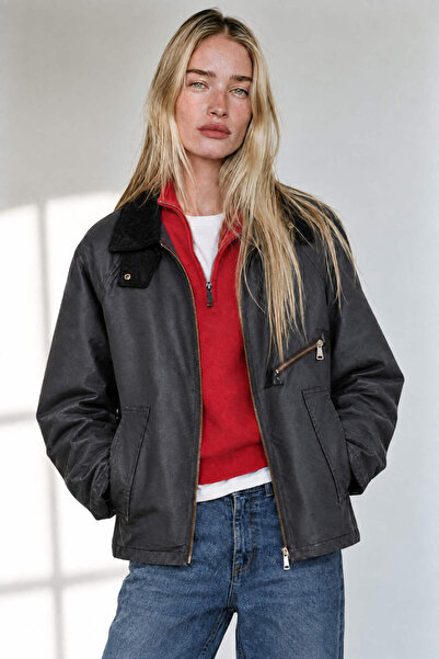 Sue Store Brown Velvet Collar Plaid Lined Oversized Oil Jacket