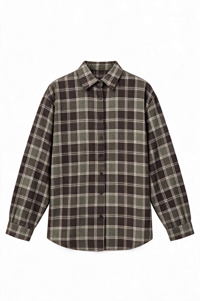 Sue Store Khaki Brown Plaid Oversized Lumberjack Shirt