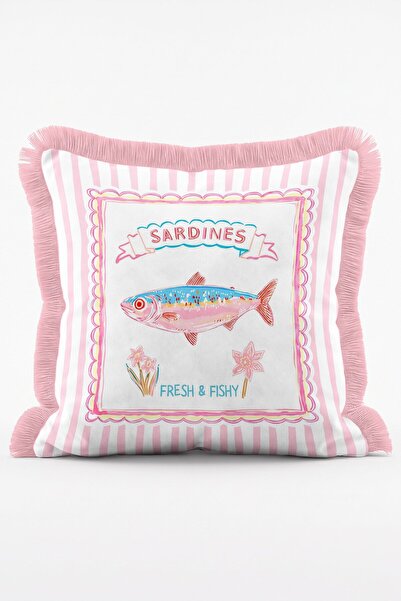 IdeCraft Sardinia Chic Sardalya Desenli Pembe Çizgili Püsküllü Dekoratif Kırl...