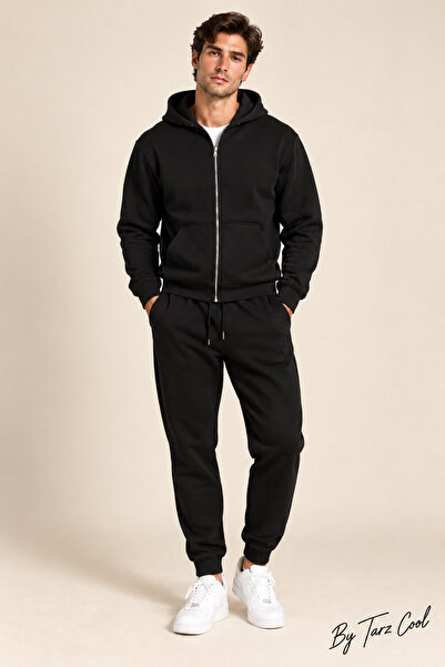 Tarz Cool Men's 3 Thread Count Cotton Zippered Hooded Tracksuit Set Basic Jog...