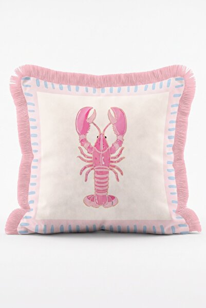 IdeCraft Marina Rosa Pembe Istakoz Desenli Püsküllü Dekoratif Kırlent Kılıfı