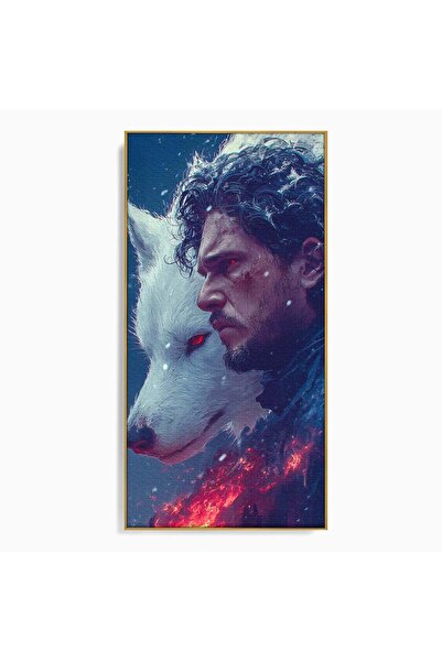 Luxcanva Tablou Canvas Lupul si John Snow 60x120 cm cu Rama Auriu Sabaticie F...