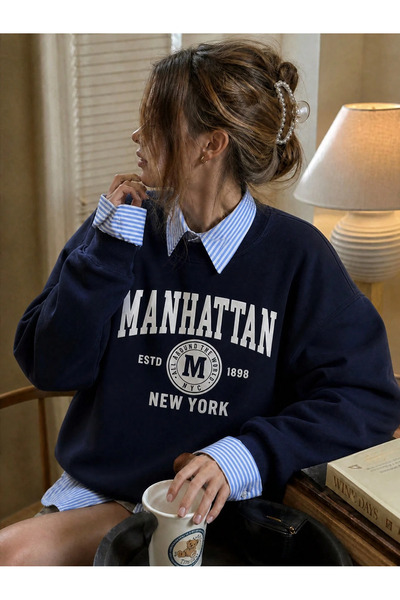 PALPİTO Kadın Manhattan Lacivert Baskılı Oversize Bisiklet Yaka Sweatshirt