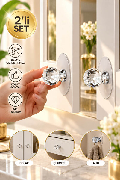 House Bird 2'li Kristal Topuz Kendinden Yapışkanlı Çekmece Dolap Kulpu ve Ask...