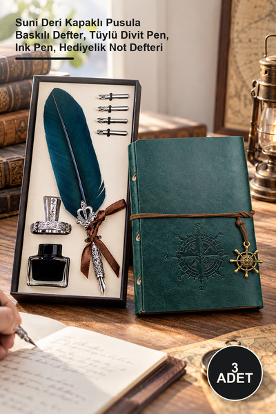 Yenilig 3-Piece Leather Notebook and Feather Ink Dip Pen Set – Compass Printe...