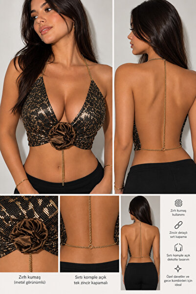 Miss Zırh Kumaş Zincir Detaylı Sırtı Açık Dekolteli Crop Top Büstiyer