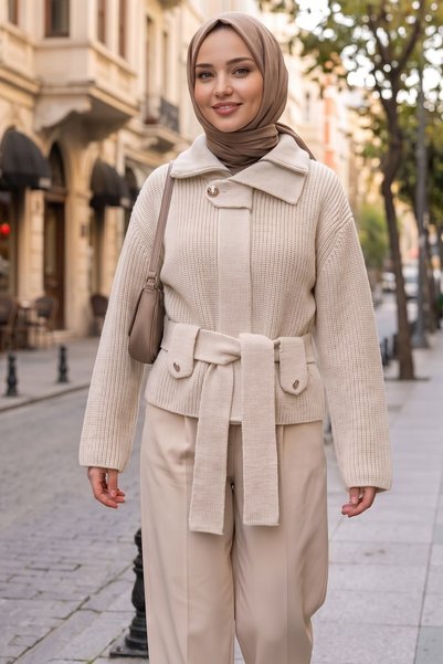 HNT Hayrunnisa Tesettür Belted Half Turtleneck Knitwear Cardigan Cream Hnt2808