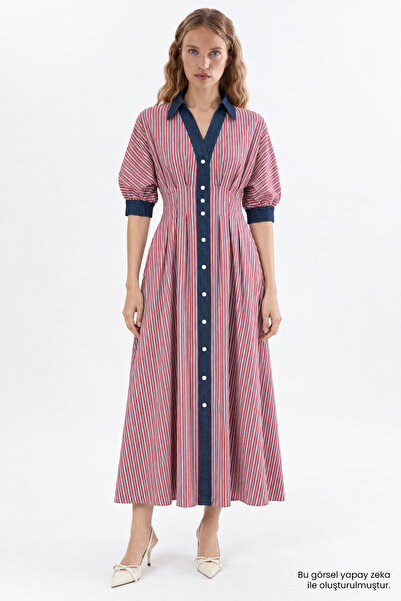 Exquise Denim Garni Reglan Kol Pileli Regular Midi Elbise