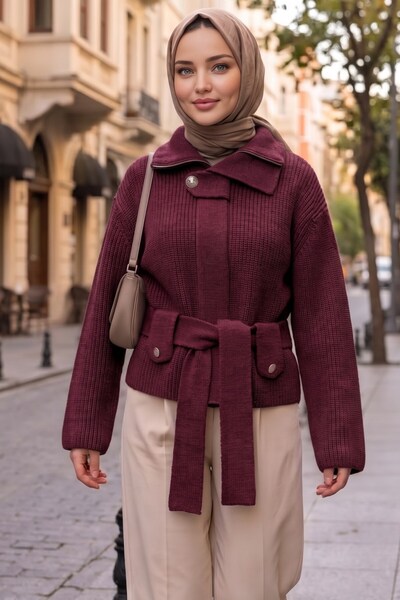 HNT Hayrunnisa Tesettür Belted Half Turtleneck Knitwear Cardigan Claret Red H...