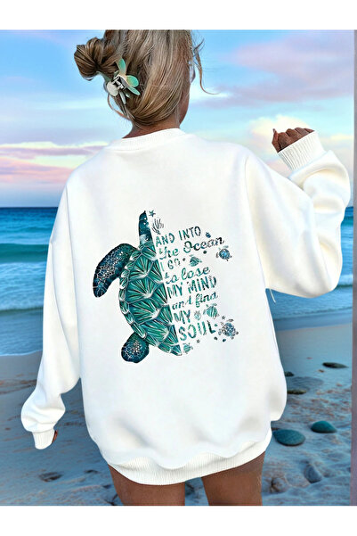 PALPİTO Women's White Tropical Printed Oversize Crew Neck Sweatshirt