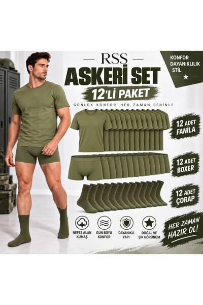 Reco Askeri Fanila Boxer Çorap Seti Acemi Bedelli Asker Çamaşırı 12'Li