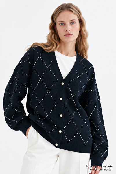 Exquise Stone Printed Wool Blend Regular Knitwear Cardigan