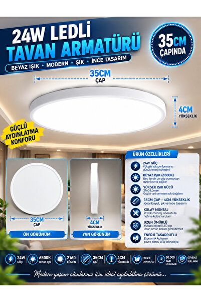 Kartek 35 cm Modern Tavana Sıfır Panel Led Avize 24watt 6500k Buz Beyazı Işık...