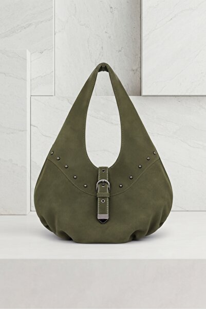 Gogoey Süet Hobo Tokalı Metal Zımba Detaylı Kemerli Geniş Model Kadın Çanta Haki