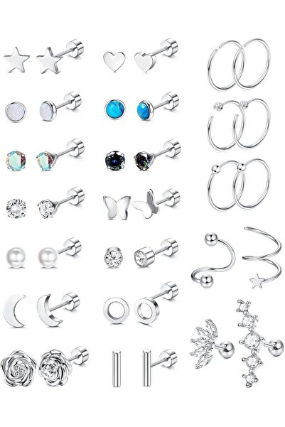 wisfunlly 19 Pairs Stainless Steel Stud Earrings for Women, Cartilage Earring...