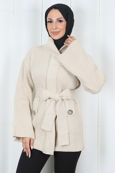 HNT Hayrunnisa Tesettür Belted Half Turtleneck Knitwear Cardigan Mink Hnt2808