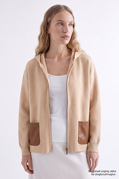 Exquise Leather-Trimmed Hooded Knitwear Regular Cardigan