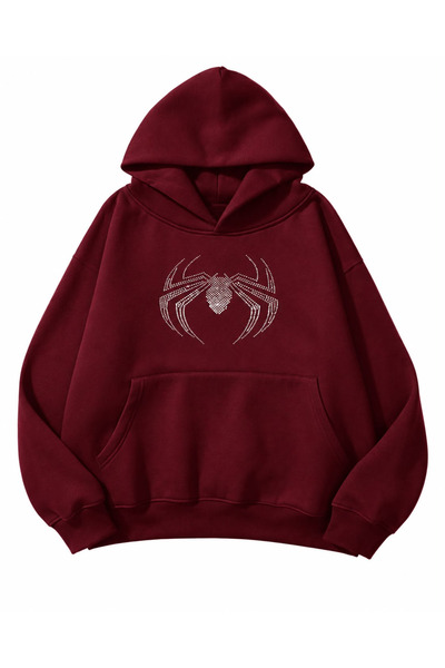 HAI COLLECTİON Kadın Taşlı Örümcek Desenli 3 İplik Oversize Hoodie – Kapüşonl...