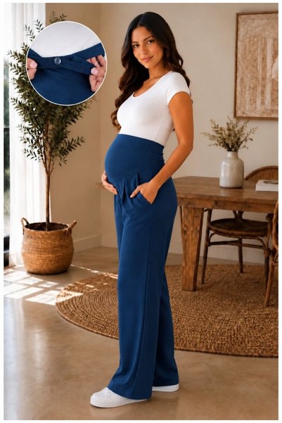Maison La Femme Women's High Waist Pleated Hidden Pocket Relaxed Fit Wide Leg Maternity Pants
