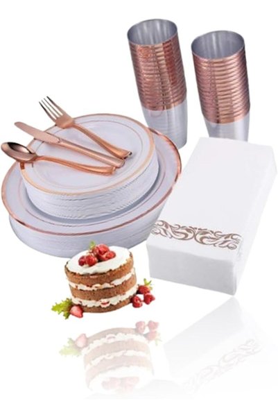 Sweet seven طقم أدوات مائدة ذهبي وردي للحفلات - 175 قطعة لـ 25 ضيفًا - أطباق،...