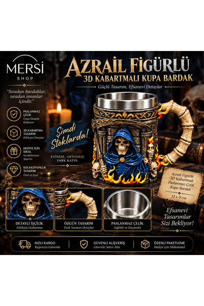 Mersi SHOP كوب من الفولاذ المقاوم للصدأ منقوش ثلاثي الأبعاد مع شكل أزريل، تصم...
