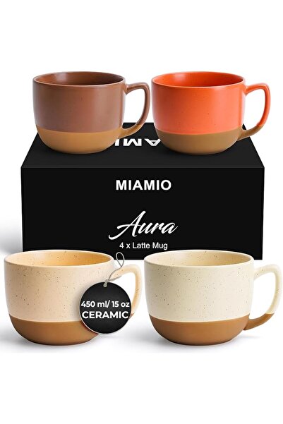 MIAMIO - Coffee Mugs Set of 4 (450ml), Ceramic Coffee Cups - Aura (White)