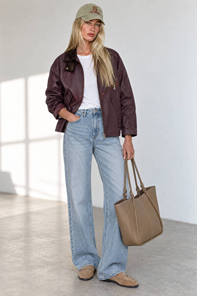 Sue Store Burgundy Velvet Collar Plaid Lined Oversized Oil Jacket