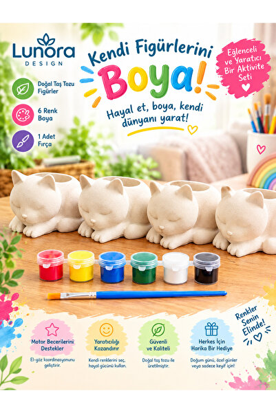 Lunora Design Taş Tozu Kedi Figürlü Boyanabilir Saksı & Biblo Seti – 4’lü + 6...