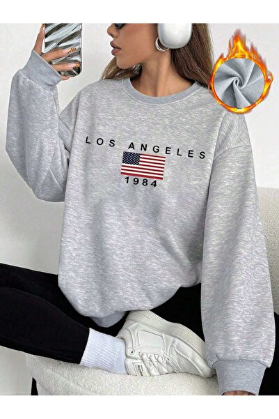 PALPİTO Women's Gray Los Angeles Printed Oversize Crew Neck Sweatshirt