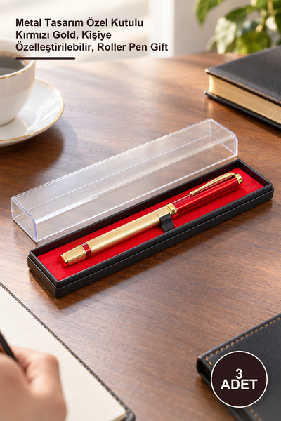 Yenilig 3 Gift Roller Pens – Metal Design with Special Box in Red Gold, Perso...